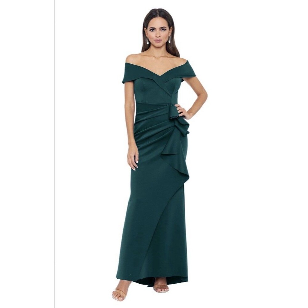 Xscape Hunter Green Ava Off the Shoulder Side Ruffle Evening Gown Size 4 $288